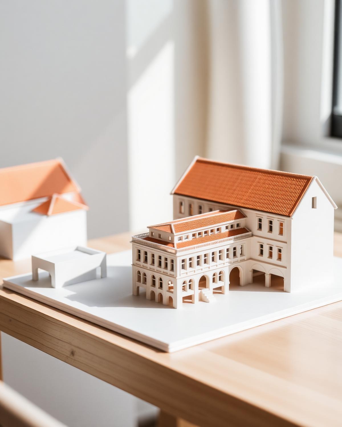 Maqueta arquitectónica sobre escritorio con luz natural
